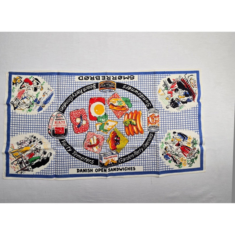 Vintage MCM Primrose Denmark Tea Towel Smorrebrod Danish Food Advertising NOS